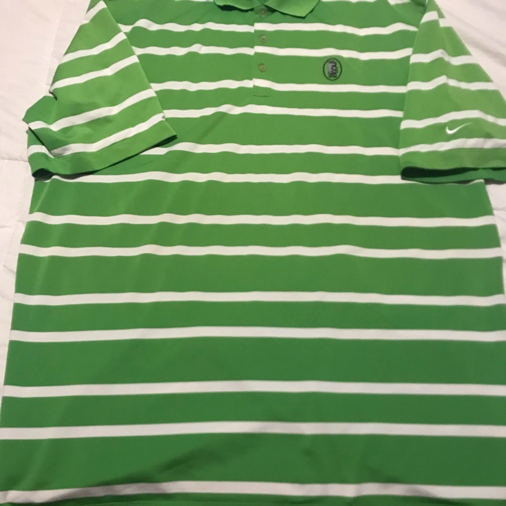 Nike golf polo shirt dri-fit size large, green and white stripes.